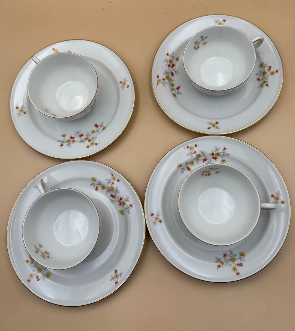 Vintage Sophienthal Fein Bayreuth Germany Floral Cup Plate Set 8 Pc Gold